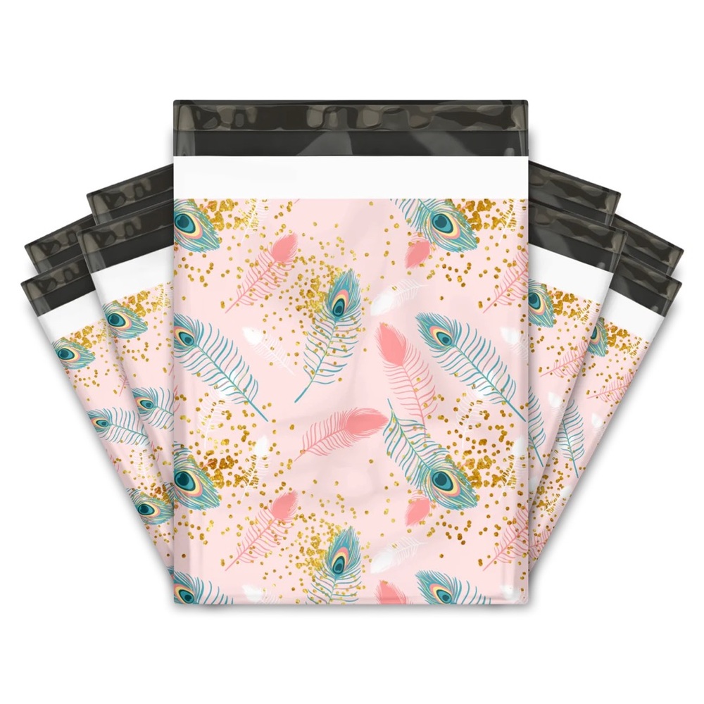 Pink Peacock 🦚 Feathers Poly Mailers 10x13 Pack of 25 - Picture 2 of 5